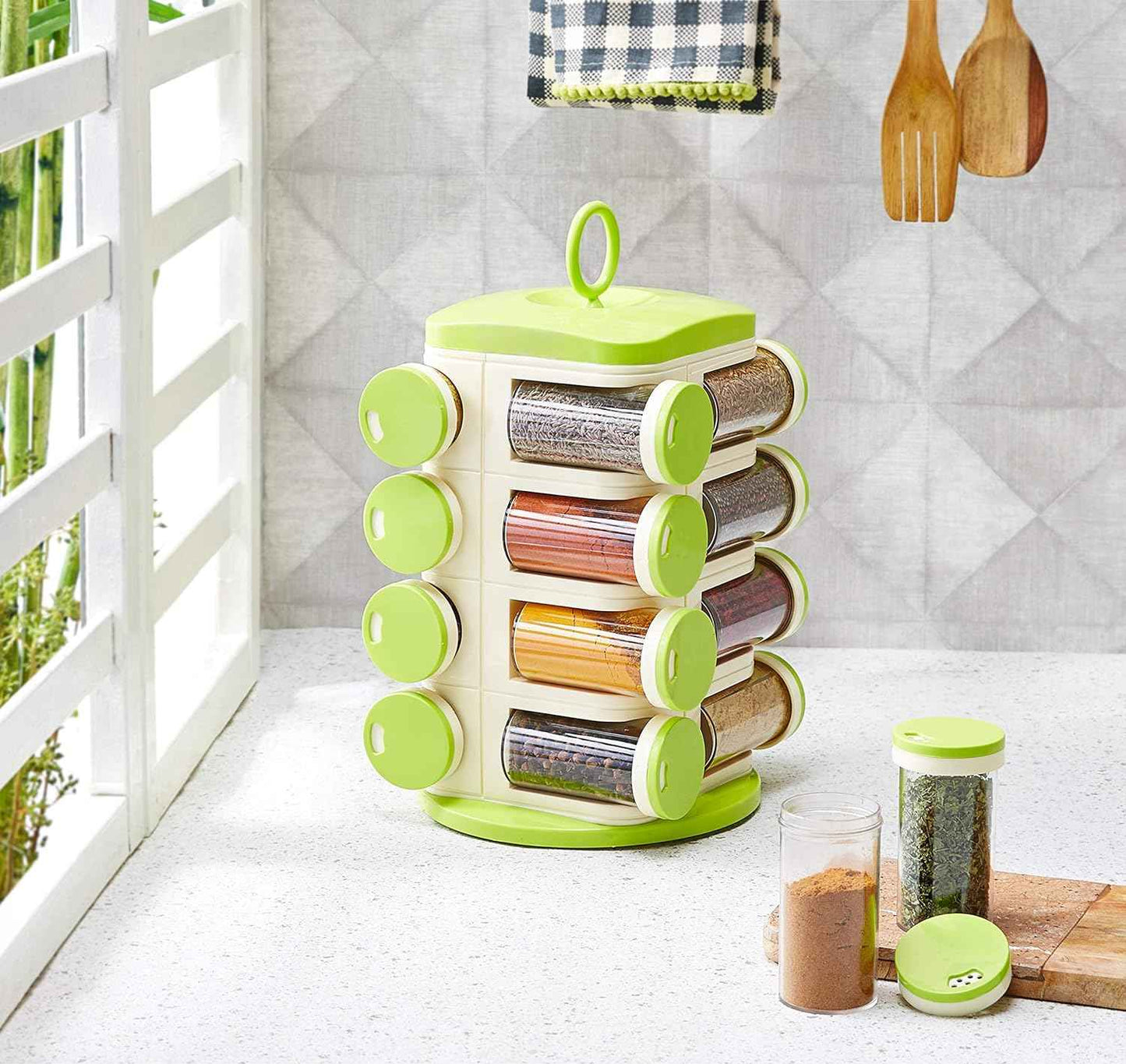 Premium 16-Piece Green Plastic Spice Rack Set For Kitchen - BD Drop