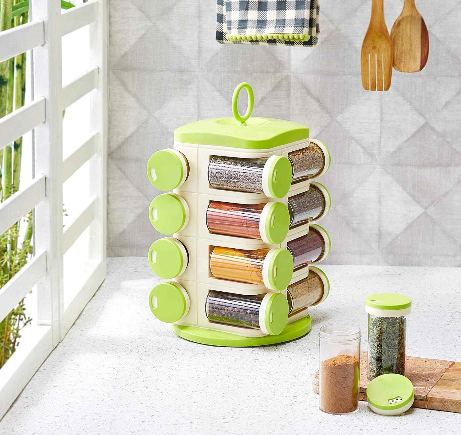 Premium 16-Piece Green Plastic Spice Rack Set For Kitchen - BD Drop